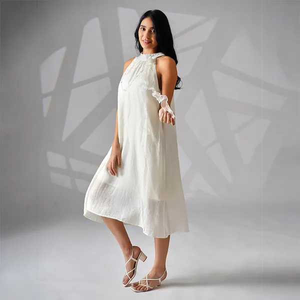 White_Polyester_Relaxed_Ruffle_Dress_For_Women