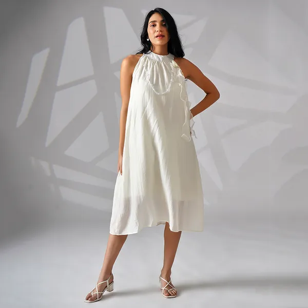 White_Polyester_Relaxed_Ruffle_Dress_For_Women