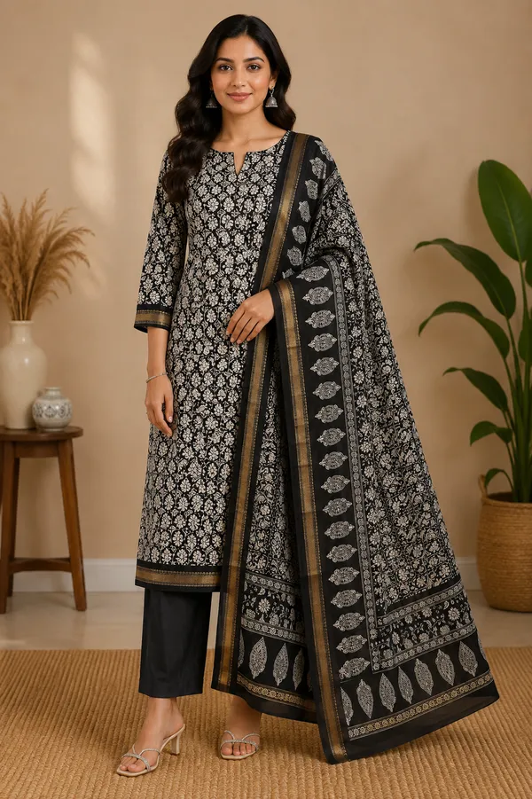 Black_Maheshwari_Gadwal_Paisley_Print_Unstitched_Suit_For_Women