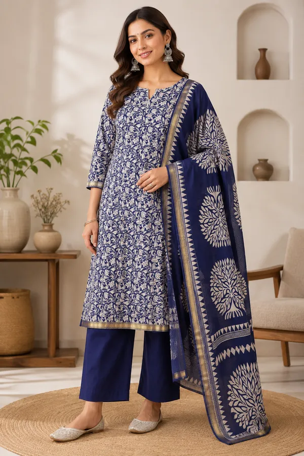 Navy_Blue_Maheshwari_Gadwal_Floral_Printed_Unstitched_Suit_For_Women