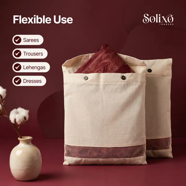 Cream_Cotton_Button_Closure_Mesh_Window_Saree_Storage_Bag_Pack_Of_6