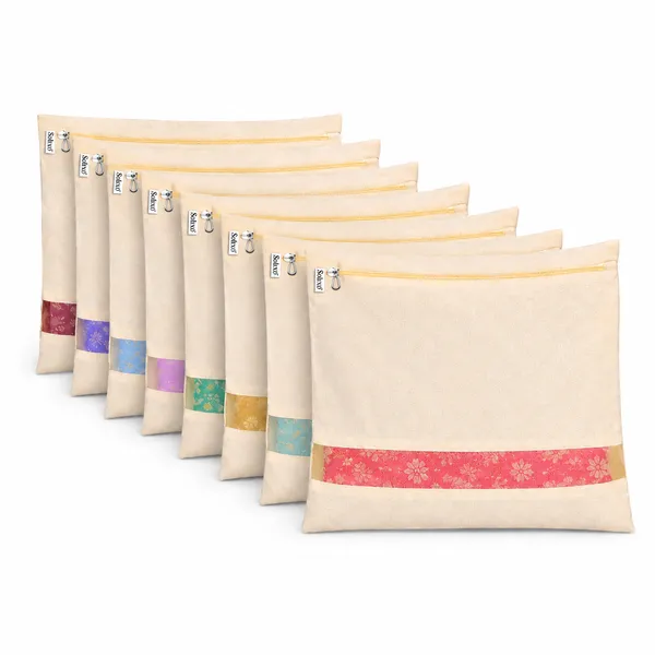 Cream_Cotton_Zip_Closure_Mesh_Window_Saree_Storage_Bag_Pack_Of_8