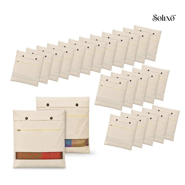 Cream_Cotton_Zip_Closure_Mesh_Window_Blouse_Pocket_Saree_Cover_Pack_Of_24