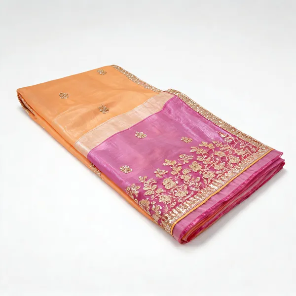 Peach_Pink_Tissue_Organza_Saree_For_Women