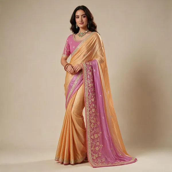 Peach_Pink_Tissue_Organza_Saree_For_Women