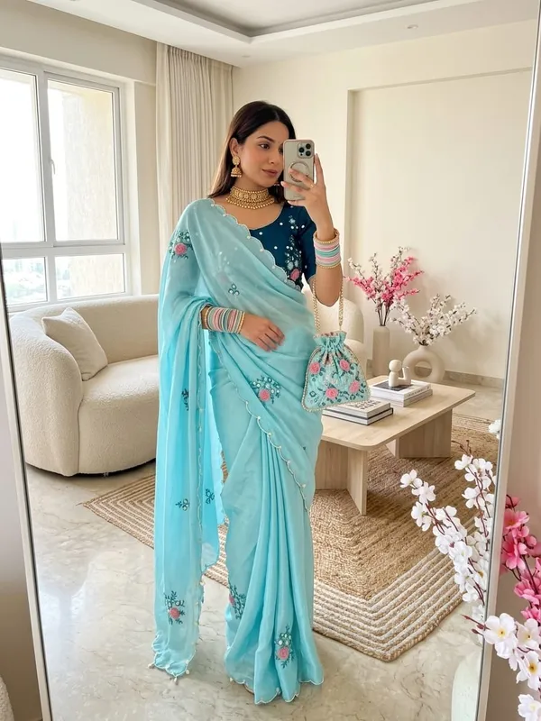 Firozi_Chinnon_Saree_For_Women