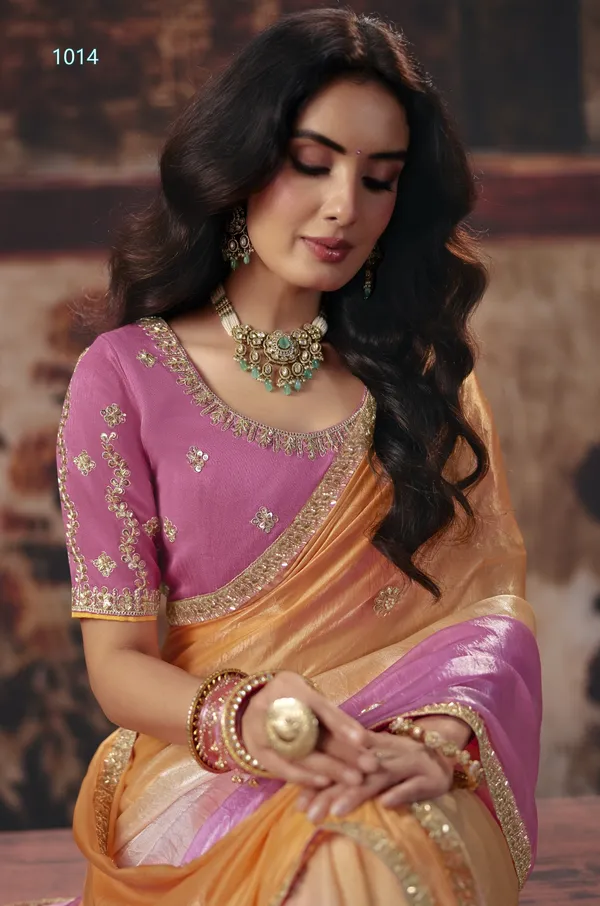 Peach_Pink_Tissue_Organza_Saree_For_Women