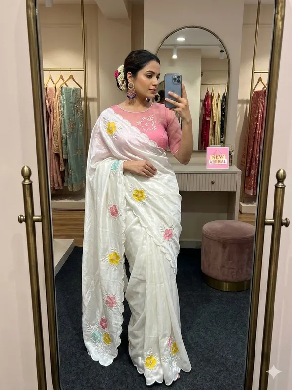 White_And_Pink_Soft_Chinnon_Saree_For_Women