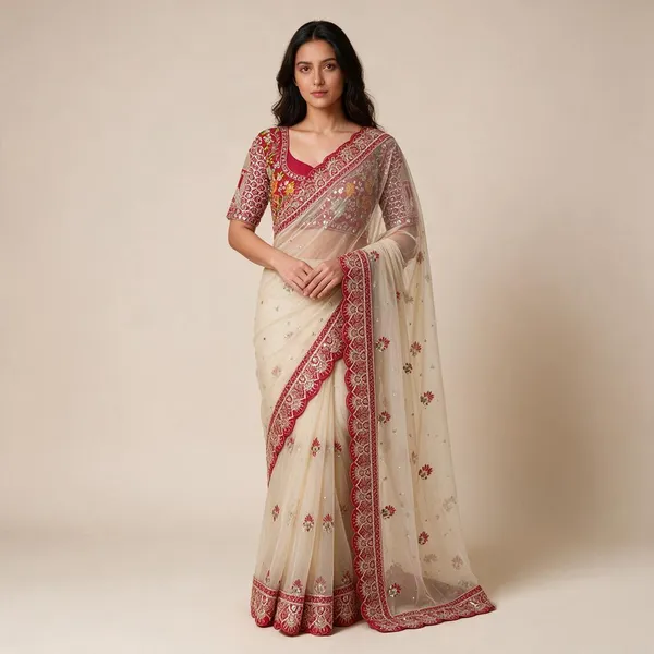 Cream_Butterfly_Net_Saree_For_Women