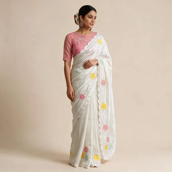 White_And_Pink_Soft_Chinnon_Saree_For_Women