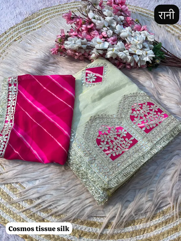 Pure_Cosmos_Tissue_Silk_Saree_with_Jaipuri-Inspired_Gota_Patti,_Leheriya_Patch_&_Elegant_Frill_Lace_Border