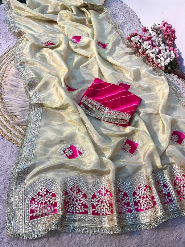 Pure_Cosmos_Tissue_Silk_Saree_with_Jaipuri-Inspired_Gota_Patti,_Leheriya_Patch_&_Elegant_Frill_Lace_Border