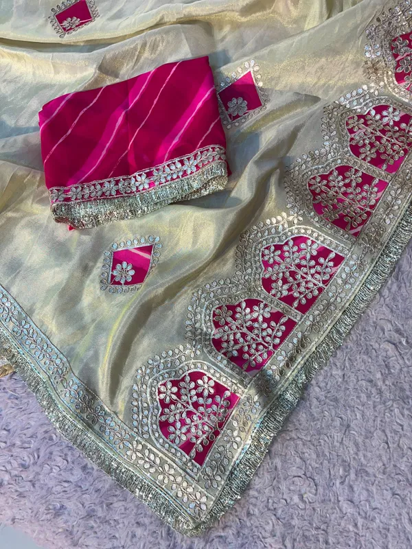 Pure_Cosmos_Tissue_Silk_Saree_with_Jaipuri-Inspired_Gota_Patti,_Leheriya_Patch_&_Elegant_Frill_Lace_Border