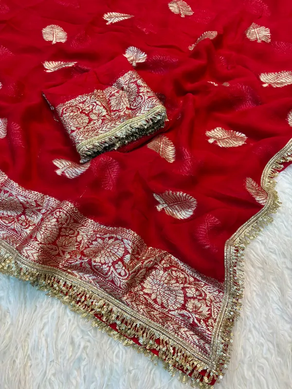 Pure_Viscose_Georgette_Saree_with_Leaf_Jacquard_Design,_Sequin_Lace_Border_&_Running_Blouse_with_Lace