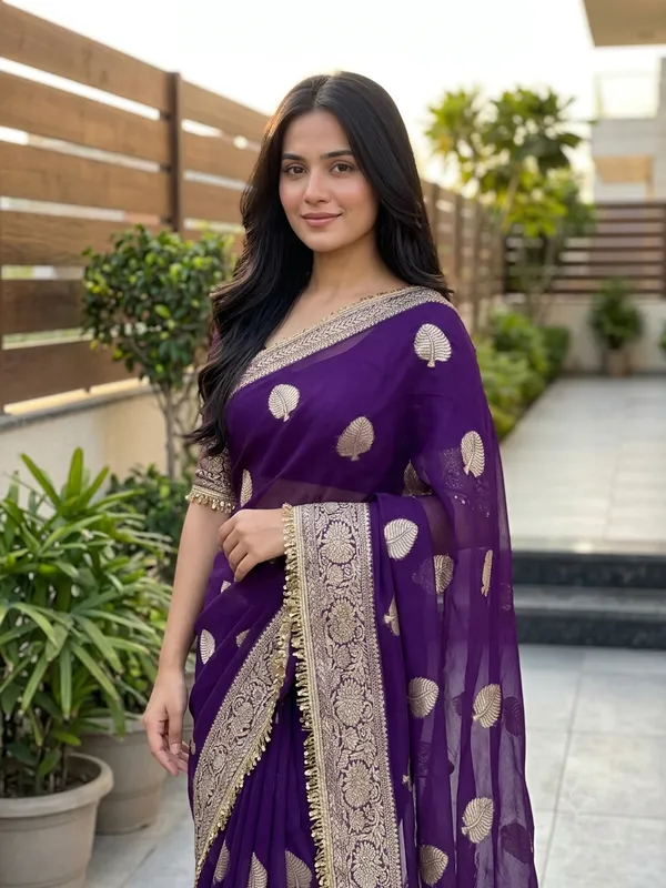Pure_Viscose_Georgette_Saree_with_Leaf_Jacquard_Design,_Sequin_Lace_Border_&_Running_Blouse_with_Lace