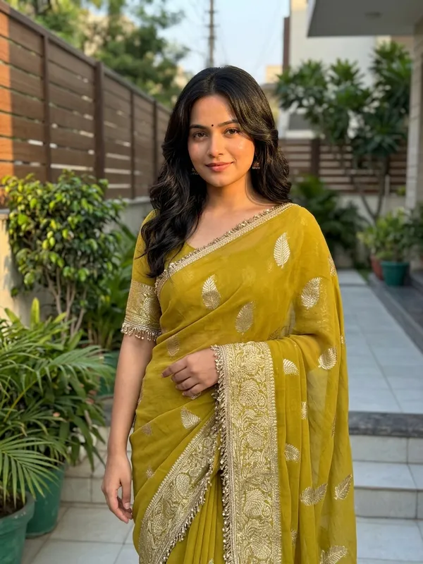 Pure_Viscose_Georgette_Saree_with_Leaf_Jacquard_Design,_Sequin_Lace_Border_&_Running_Blouse_with_Lace