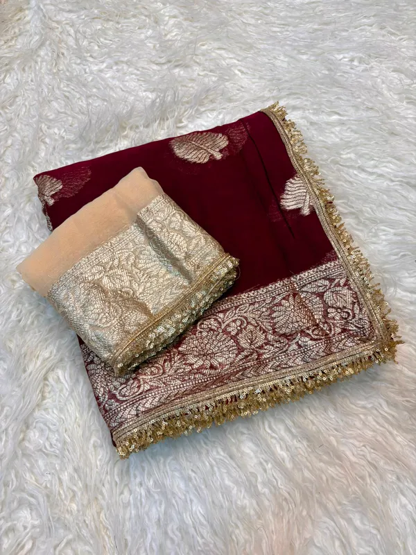 Pure_Viscose_Georgette_Saree_with_Leaf_Jacquard_Design,_Sequin_Lace_Border_&_Running_Blouse_with_Lace