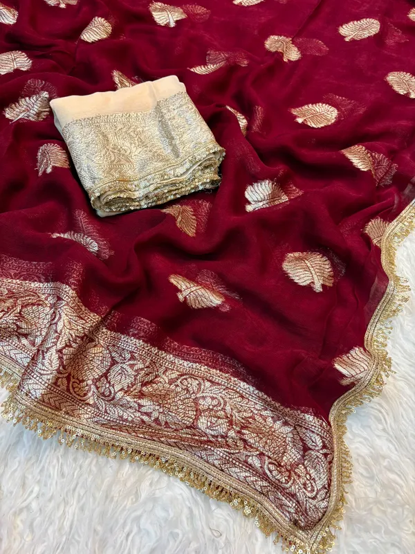Pure_Viscose_Georgette_Saree_with_Leaf_Jacquard_Design,_Sequin_Lace_Border_&_Running_Blouse_with_Lace