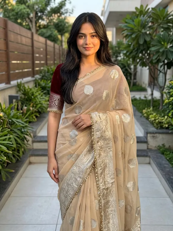 Pure_Viscose_Georgette_Saree_with_Leaf_Jacquard_Design,_Sequin_Lace_Border_&_Running_Blouse_with_Lace