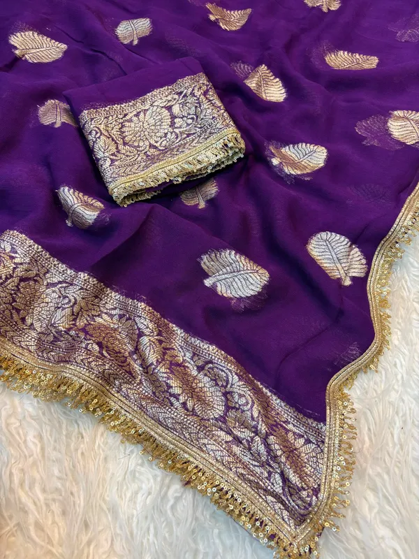 Pure_Viscose_Georgette_Saree_with_Leaf_Jacquard_Design,_Sequin_Lace_Border_&_Running_Blouse_with_Lace