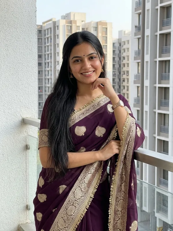 Pure_Viscose_Georgette_Saree_with_Leaf_Jacquard_Design,_Sequin_Lace_Border_&_Running_Blouse_with_Lace
