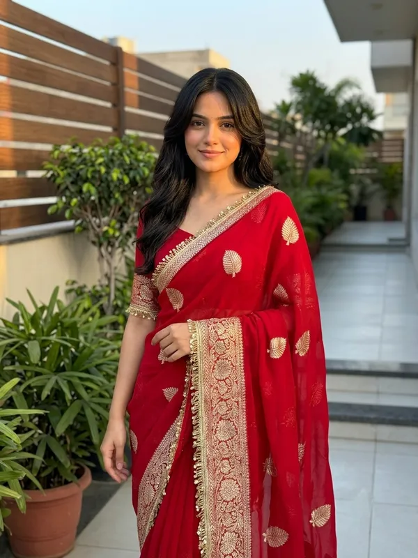 Pure_Viscose_Georgette_Saree_with_Leaf_Jacquard_Design,_Sequin_Lace_Border_&_Running_Blouse_with_Lace