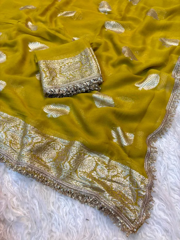 Pure_Viscose_Georgette_Saree_with_Leaf_Jacquard_Design,_Sequin_Lace_Border_&_Running_Blouse_with_Lace