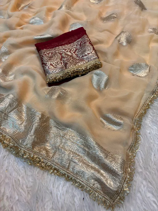 Pure_Viscose_Georgette_Saree_with_Leaf_Jacquard_Design,_Sequin_Lace_Border_&_Running_Blouse_with_Lace