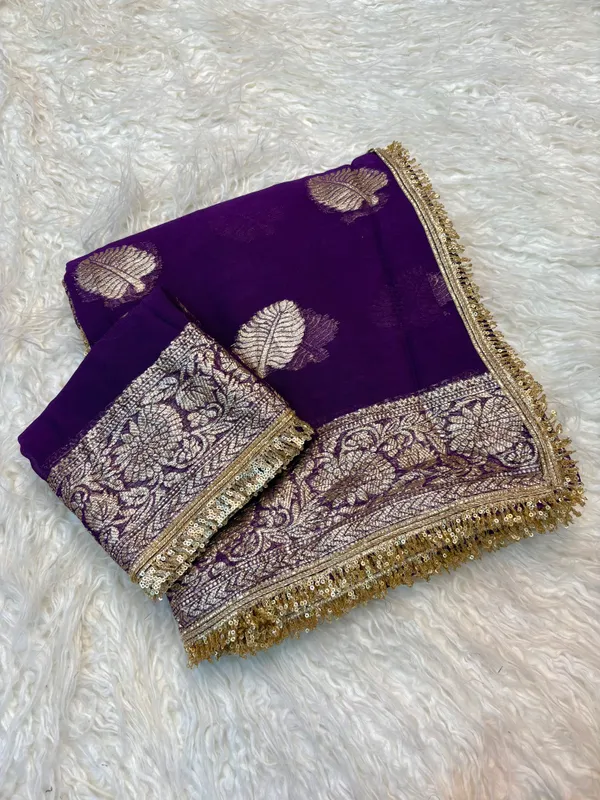Pure_Viscose_Georgette_Saree_with_Leaf_Jacquard_Design,_Sequin_Lace_Border_&_Running_Blouse_with_Lace