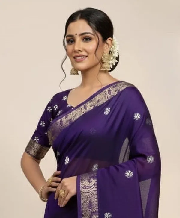 Floral_Print,_Printed,_Temple_Border_Bandhani_Viscose_Rayon_Saree_(Purple)