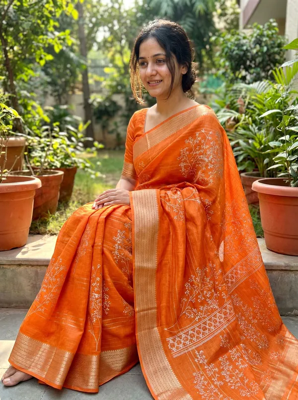 Printed,_Floral_Print_Bollywood_Silk_Blend,_Art_Silk_Saree_(Orange)