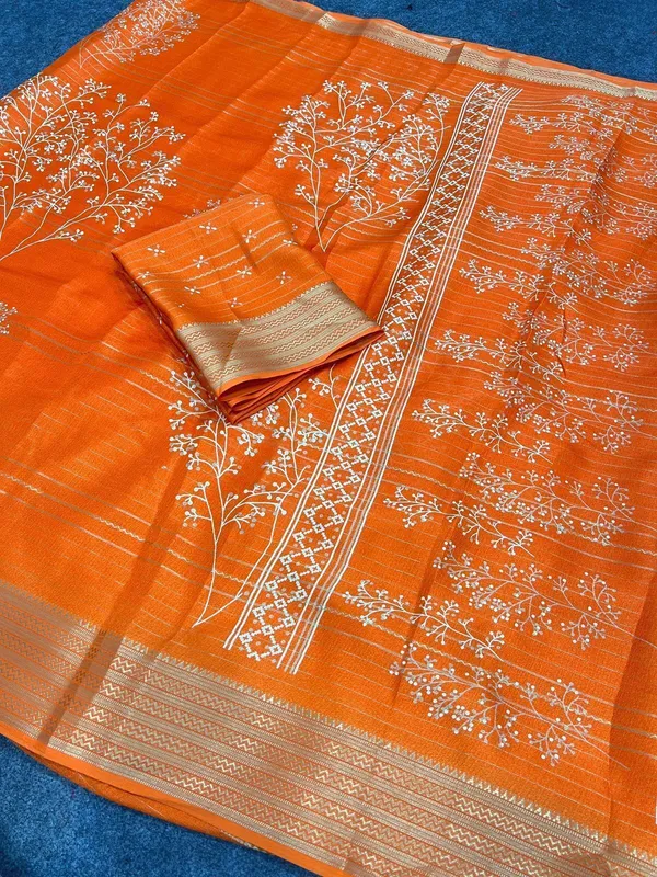 Printed,_Floral_Print_Bollywood_Silk_Blend,_Art_Silk_Saree_(Orange)