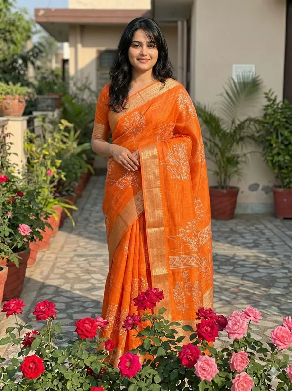 Printed,_Floral_Print_Bollywood_Silk_Blend,_Art_Silk_Saree_(Orange)