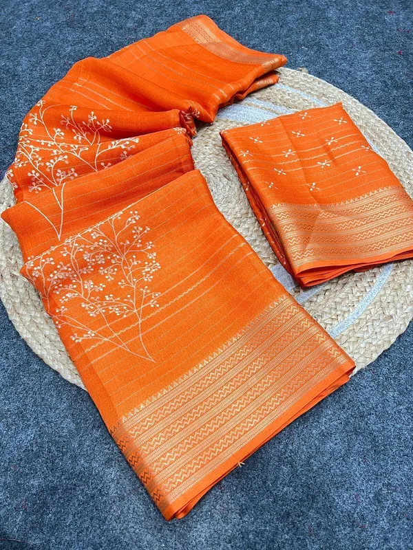 Printed,_Floral_Print_Bollywood_Silk_Blend,_Art_Silk_Saree_(Orange)