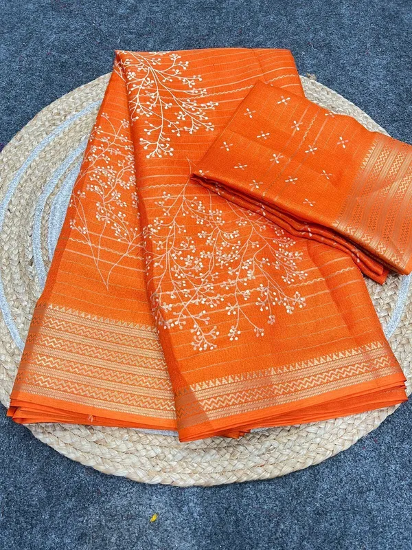 Printed,_Floral_Print_Bollywood_Silk_Blend,_Art_Silk_Saree_(Orange)