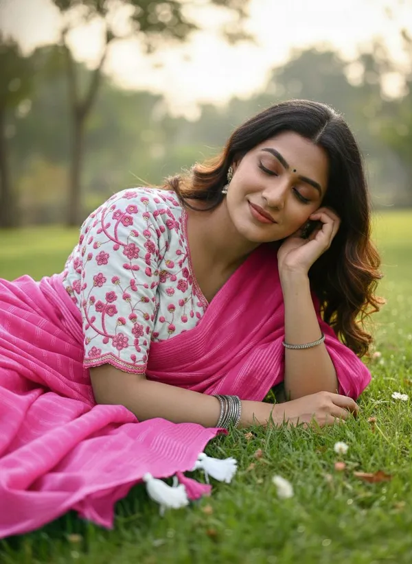 Striped,_Embellished,_Solid/Plain_Daily_Wear_Georgette_Saree_(Pink)