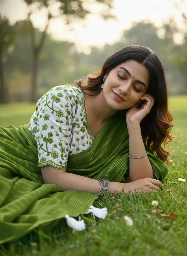 Striped,_Embellished,_Solid/Plain_Daily_Wear_Georgette_Saree_(Green)