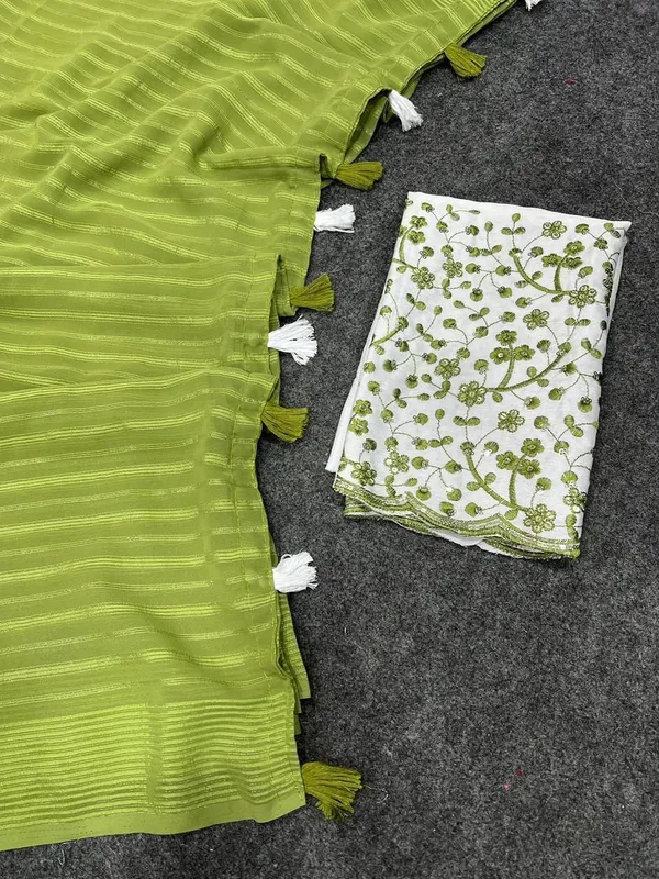 Striped,_Embellished,_Solid/Plain_Daily_Wear_Georgette_Saree_(Green)