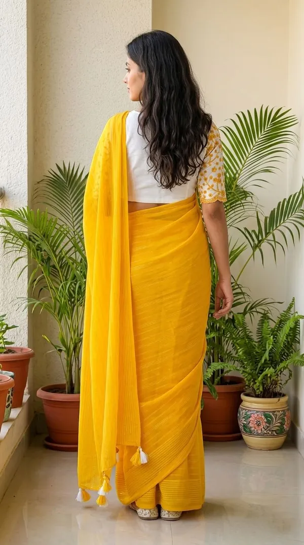 Embellished,_Solid/Plain,_Striped_Daily_Wear_Chiffon_Saree_(Yellow)