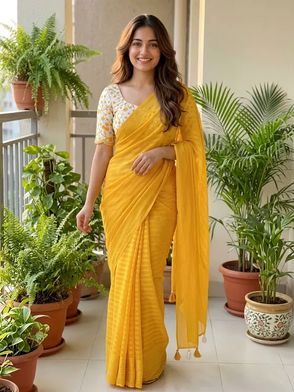 Embellished,_Solid/Plain,_Striped_Daily_Wear_Chiffon_Saree_(Yellow)