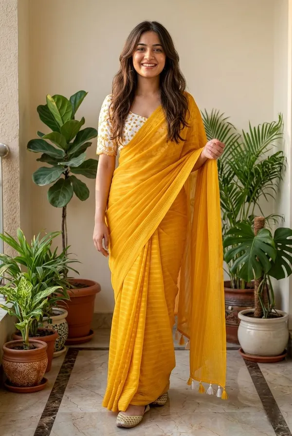 Embellished,_Solid/Plain,_Striped_Daily_Wear_Chiffon_Saree_(Yellow)