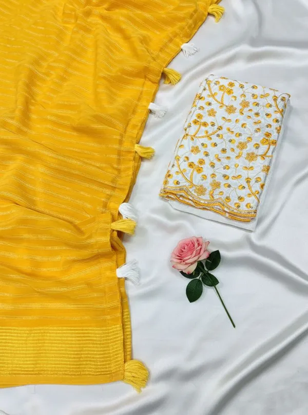 Embellished,_Solid/Plain,_Striped_Daily_Wear_Chiffon_Saree_(Yellow)