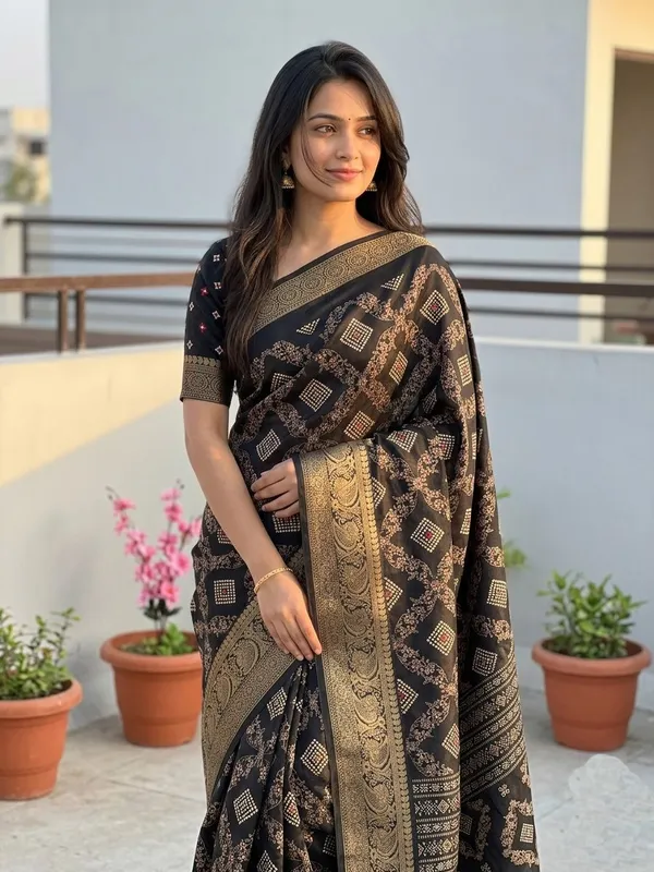 Printed,_Woven,_Blocked_Printed_Bandhani_Silk_Blend_Saree_(Black)