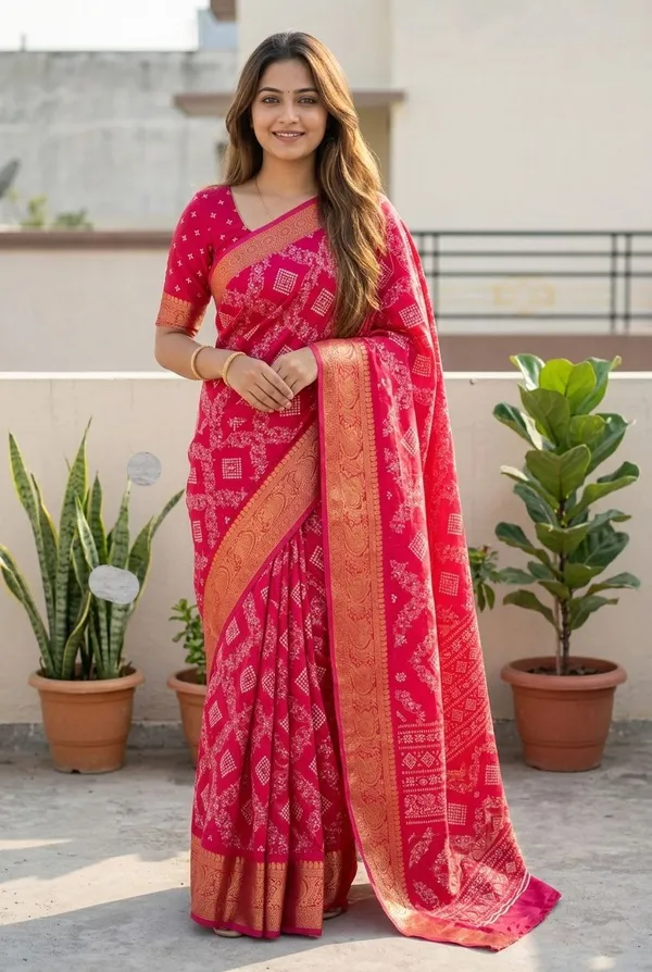 Printed,_Woven,_Blocked_Printed_Bandhani_Silk_Blend_Saree_(Pink)