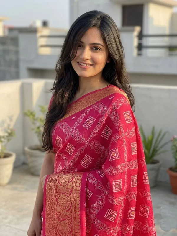 Printed,_Woven,_Blocked_Printed_Bandhani_Silk_Blend_Saree_(Pink)