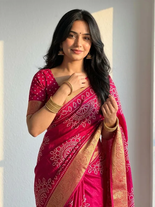 Printed,_Geometric_Print_Bandhani_Silk_Blend,_Art_Silk_Saree_(Red)