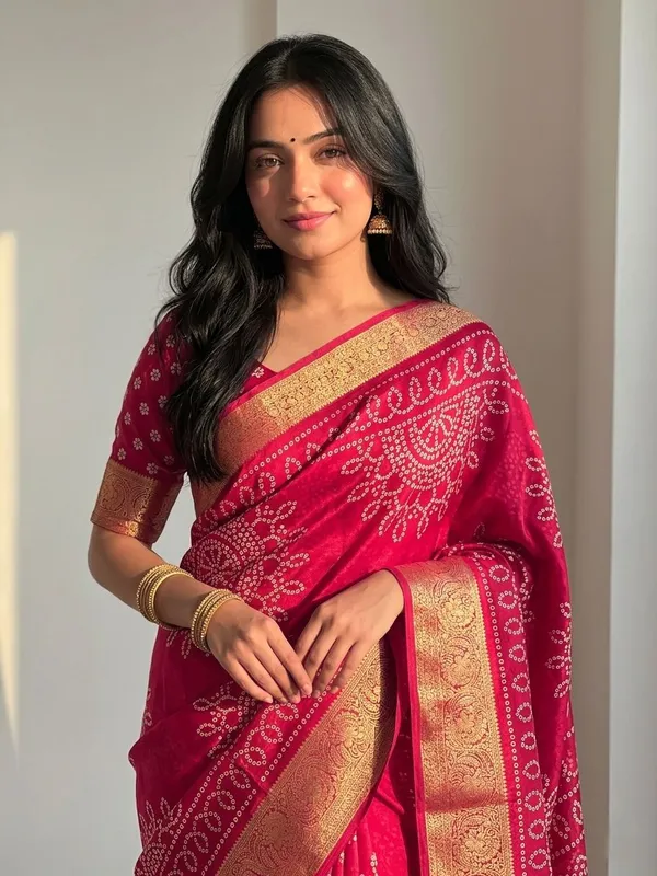 Printed,_Geometric_Print_Bandhani_Silk_Blend,_Art_Silk_Saree_(Red)