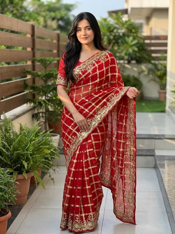 Soft_Viscose_Georgette_Checkered_Saree_with_Multicolor_Thread_&_Sequin_Embroidery,_Designer_C-Pallu_and_All-Over_Butta_Work