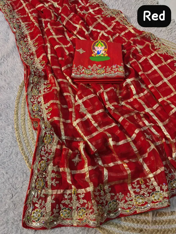 Soft_Viscose_Georgette_Checkered_Saree_with_Multicolor_Thread_&_Sequin_Embroidery,_Designer_C-Pallu_and_All-Over_Butta_Work