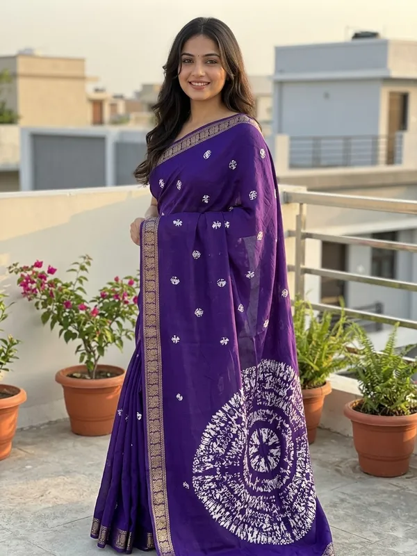 Floral_Print,_Printed,_Temple_Border_Bandhani_Viscose_Rayon_Saree_(Purple)